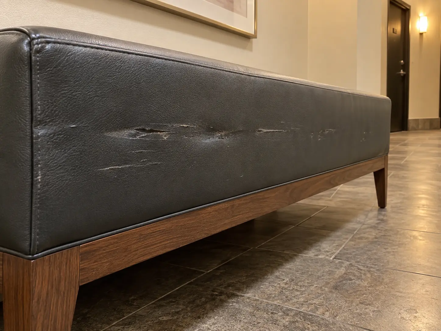 Cart dents on the panel of a common area bench