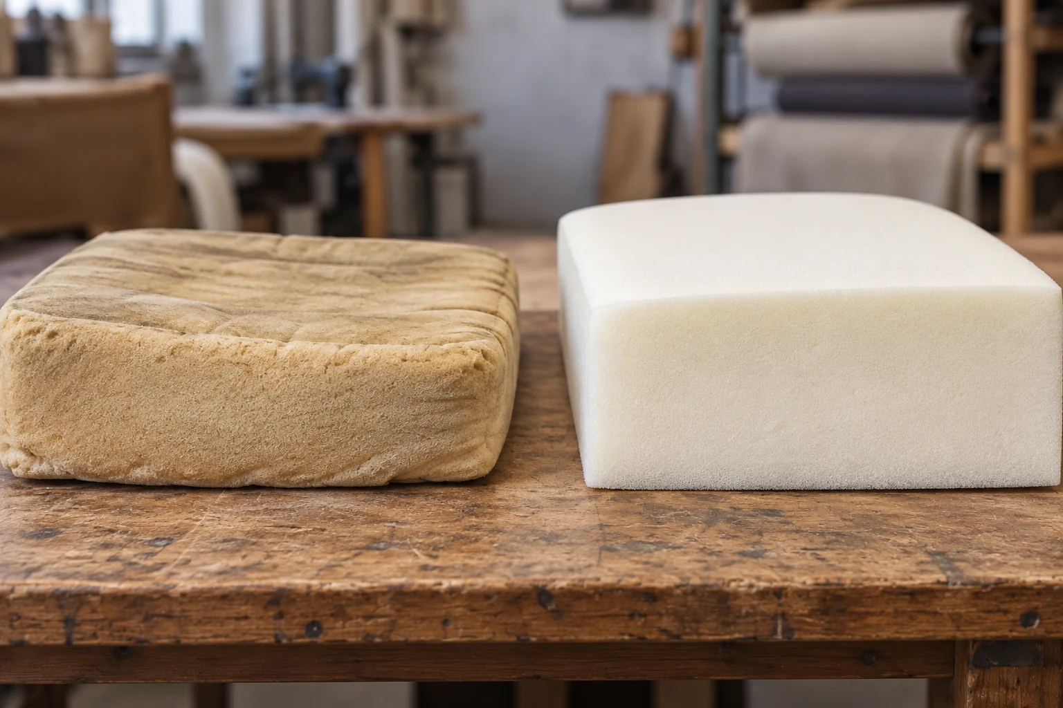 Compressed old seat foam beside a new foam block on a workbench