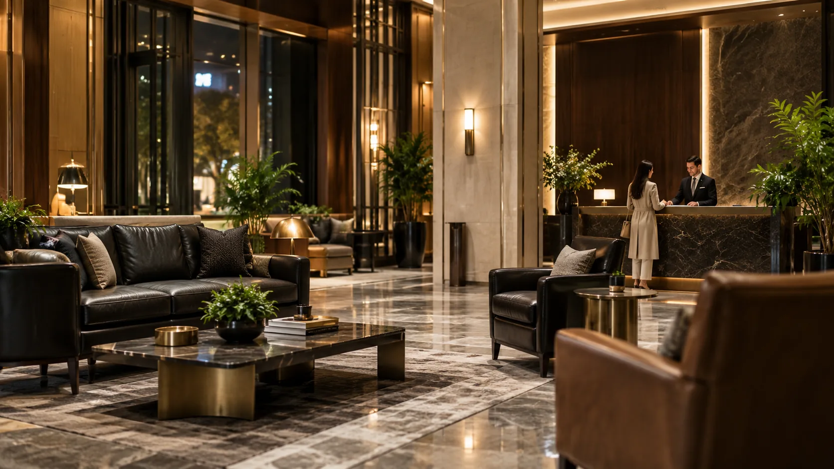 Concierge desk and leather lounge seating in a residential lobby
