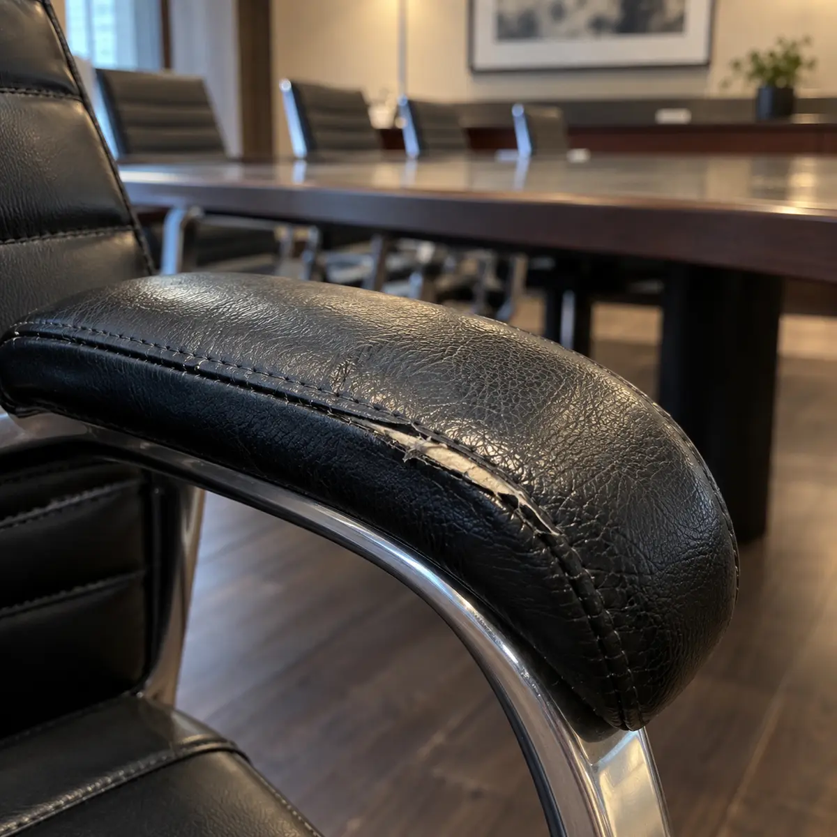 Cracked black arm on a conference chair