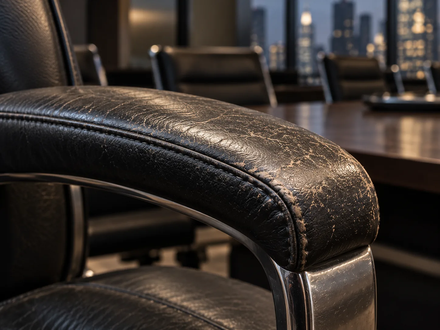 A cracked, worn black leather arm cap on a conference room chair