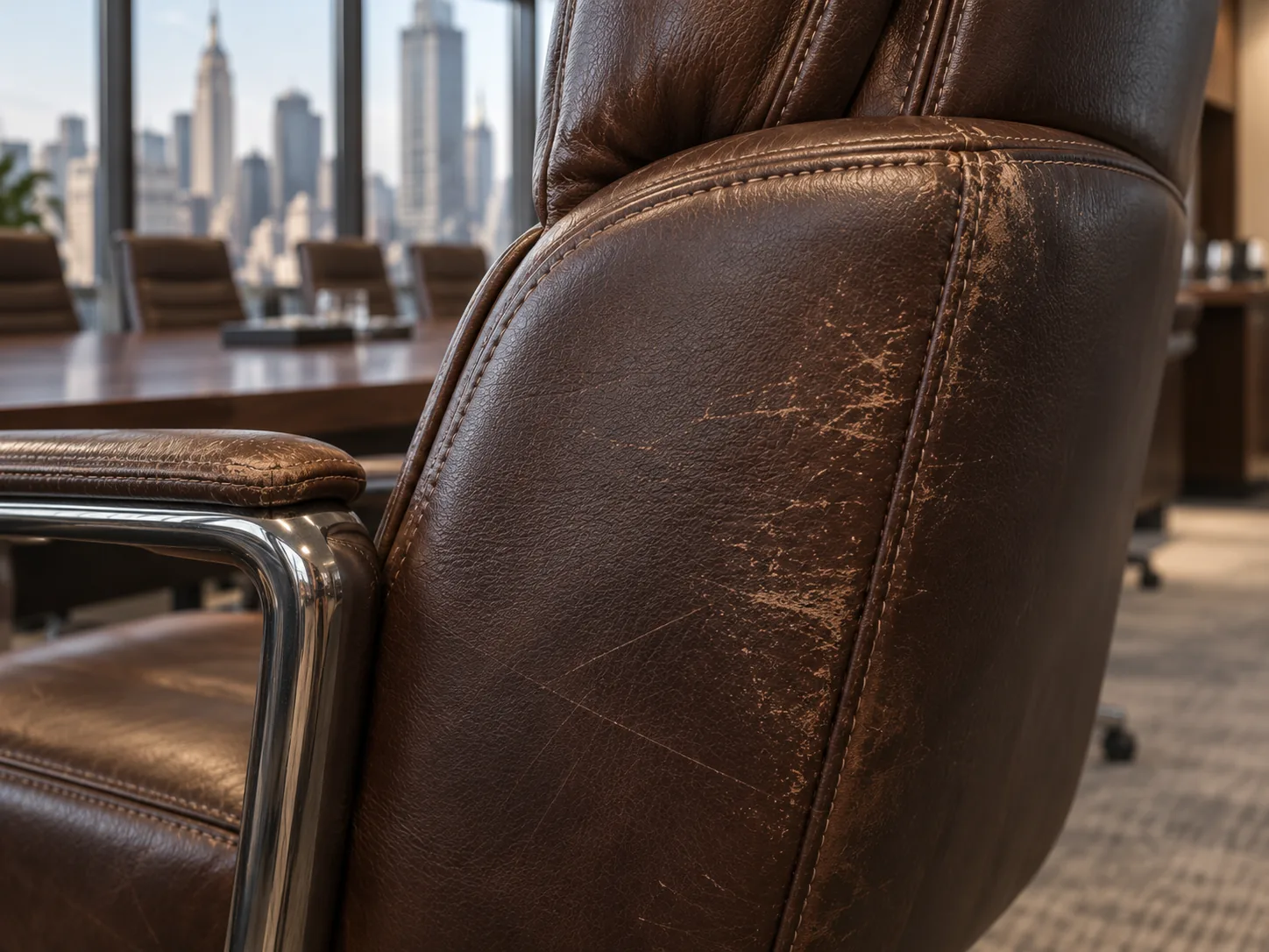 Pale scuffs and surface abrasion on a dark brown conference chair back