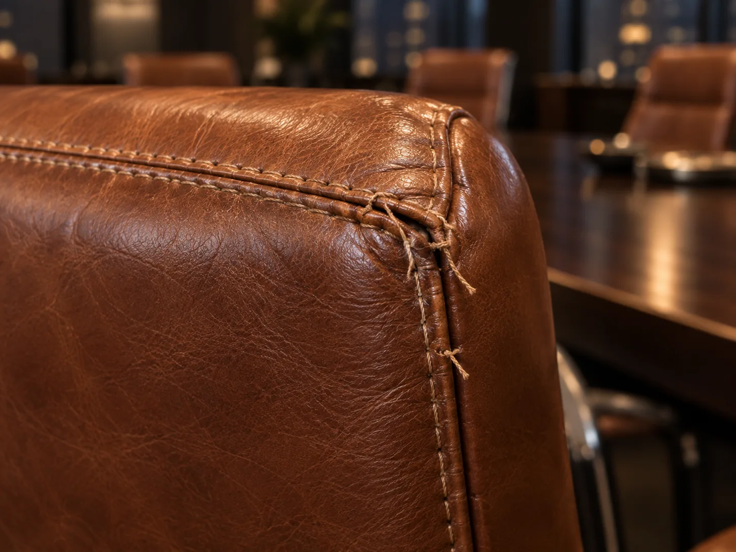 A back corner seam with frayed, broken stitching on a conference chair