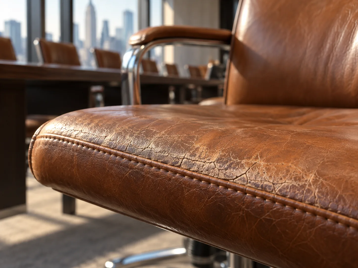 The dry, crazed leather seat of a cognac conference room chair