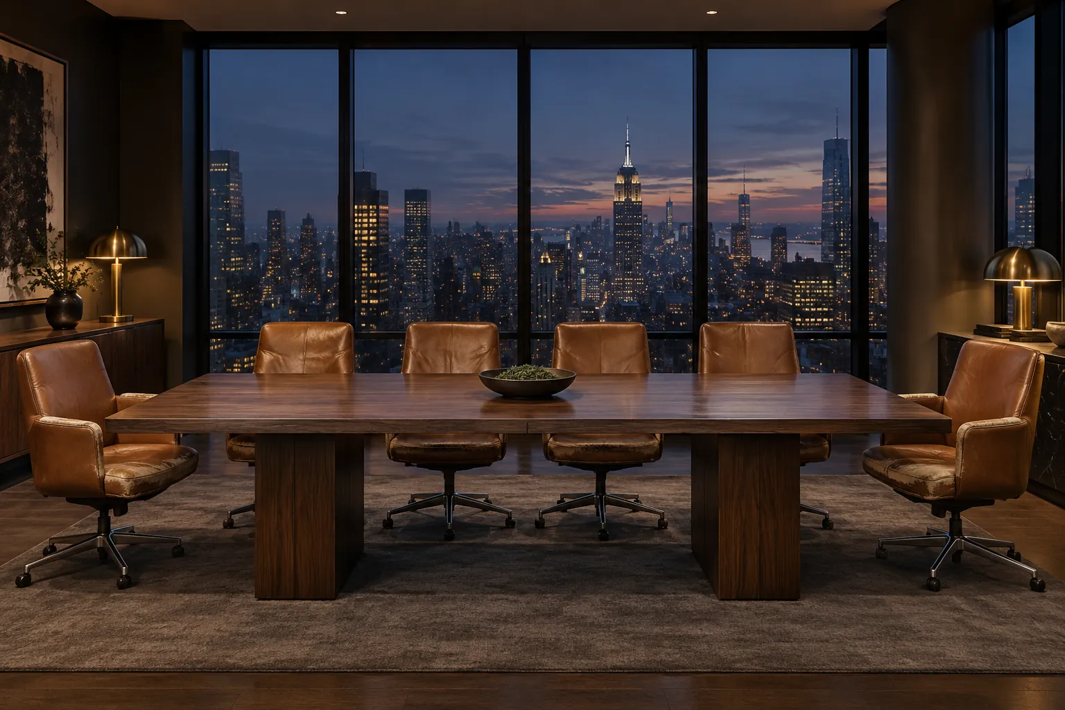 Boardroom of faded cognac leather chairs at dusk