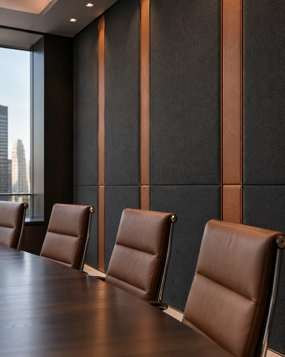 Conference chairs against leather wall panels