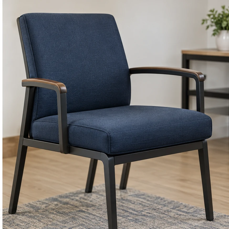 Conference guest chair with a rebuilt seat pad in navy leather
