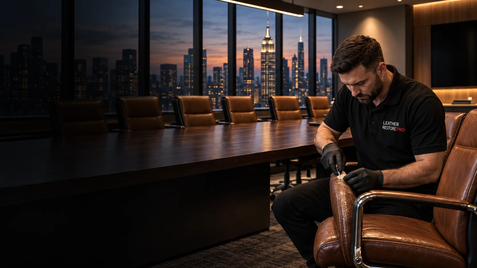 Conference room chair repair NYC: a technician repairs the arm of a cognac leather conference chair in a boardroom at dusk