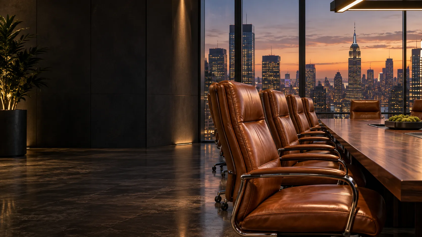 A conference room of cognac leather chairs at dusk with the city skyline