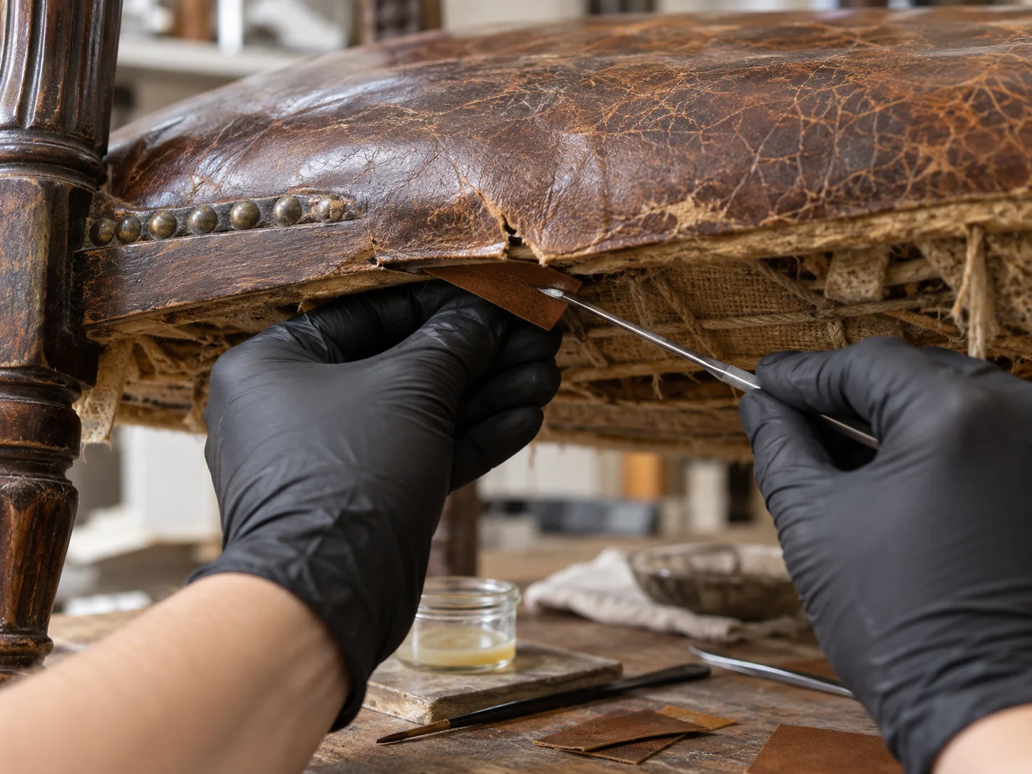 Torn leather edge consolidated from behind