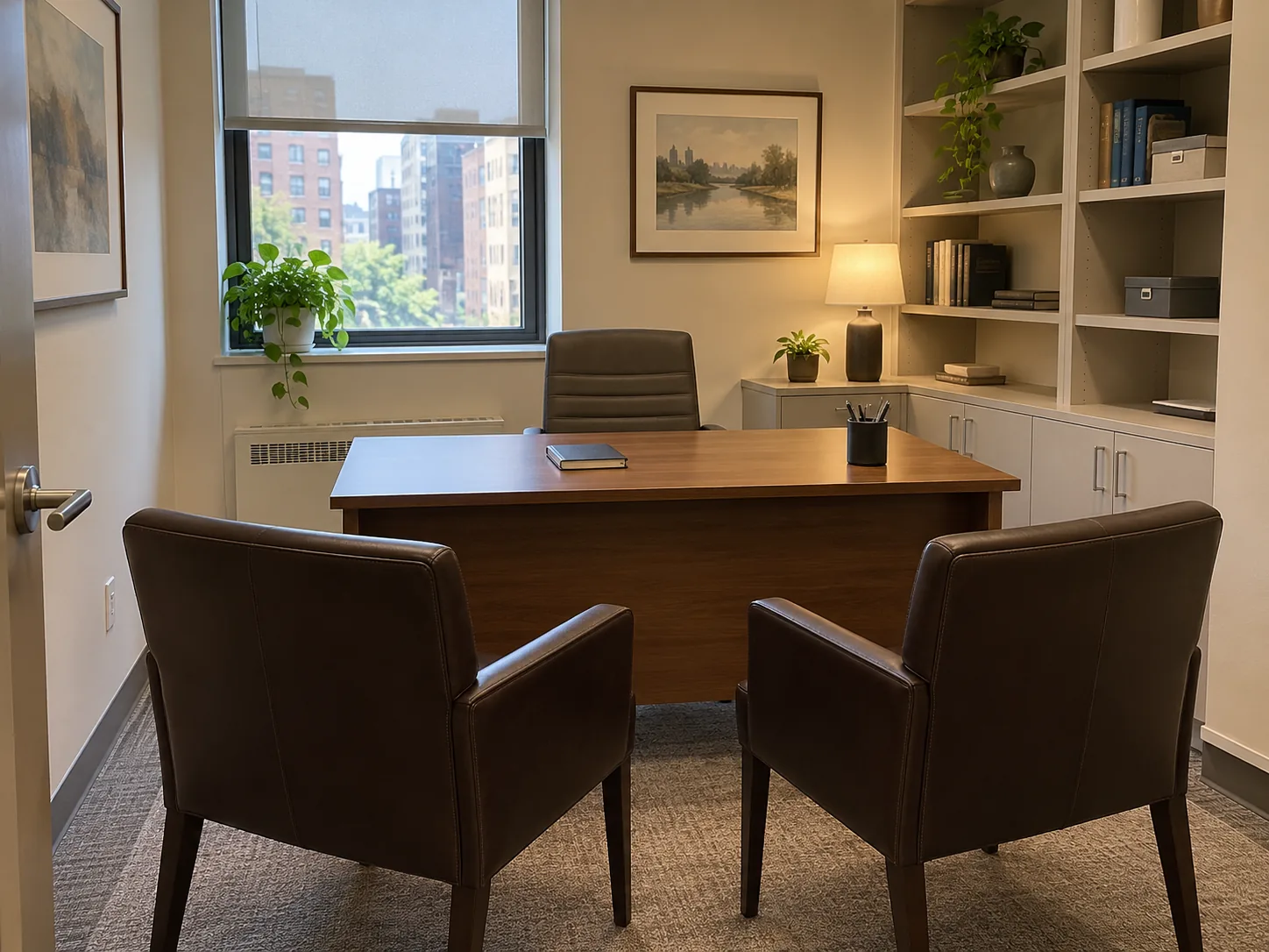 Two dark brown leather chairs in a doctor’s consult room