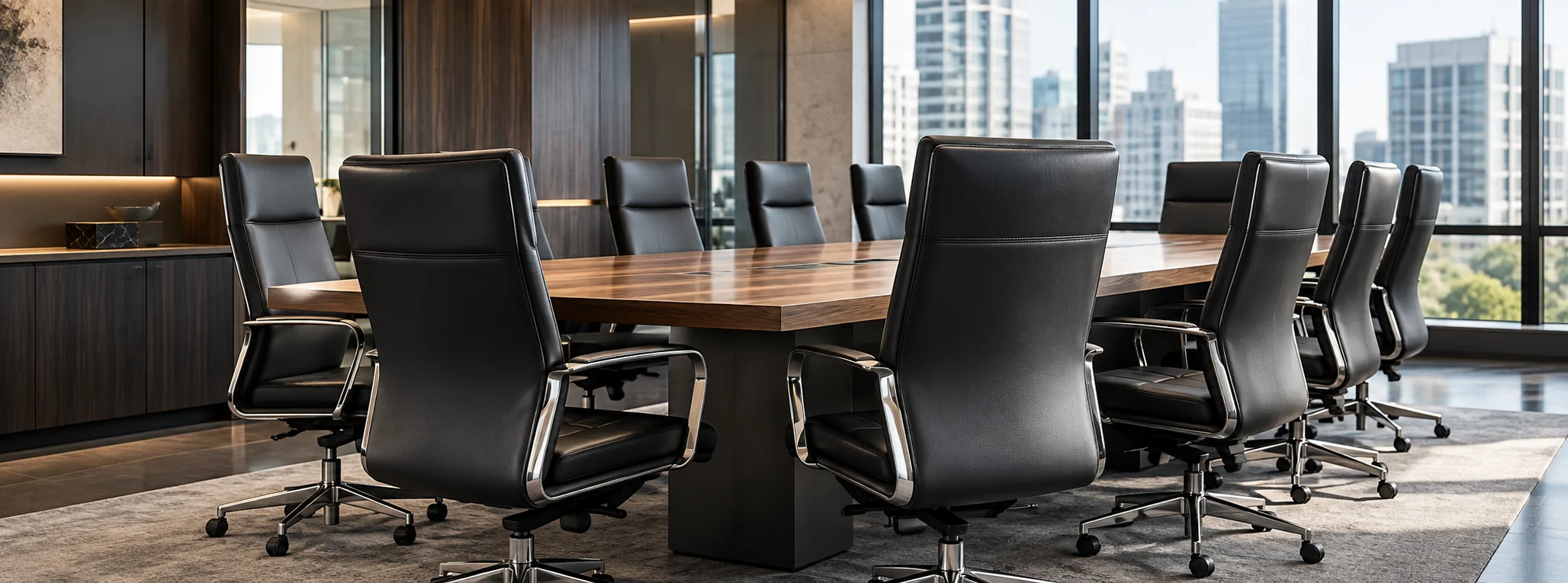 Black leather boardroom chairs around a conference table
