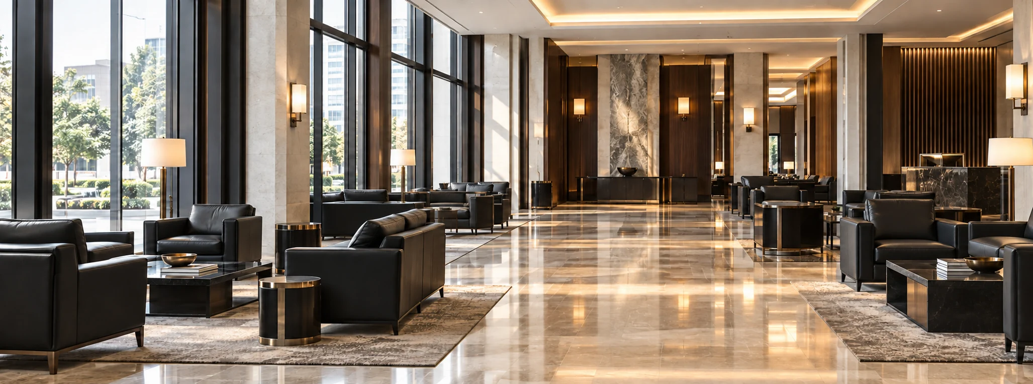 Hotel lobby lounge seating covered by a commercial furniture repair contract