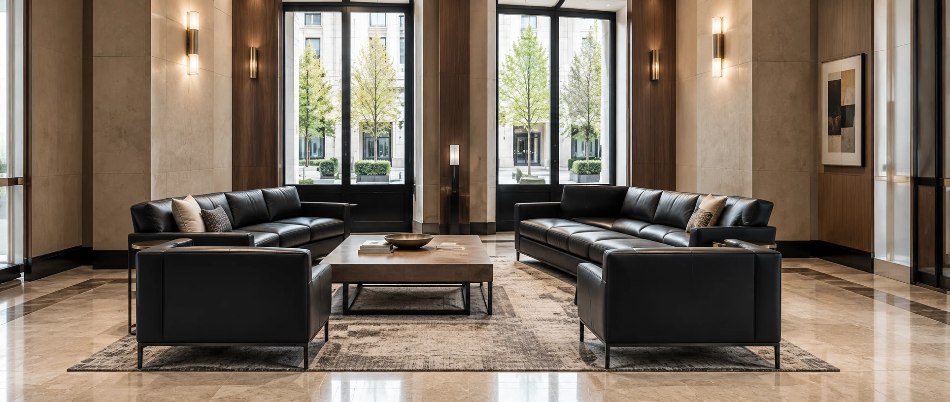 Managed residential building lobby with leather lounge seating