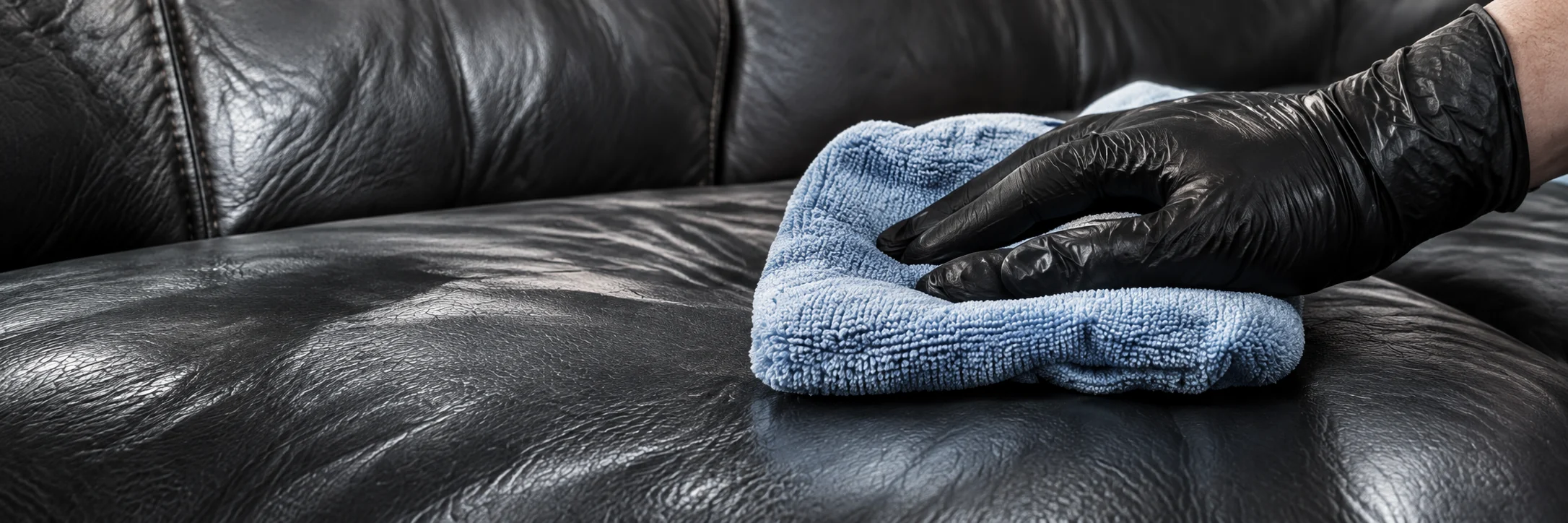 Gloved hand cleaning a black leather sofa with a microfibre cloth