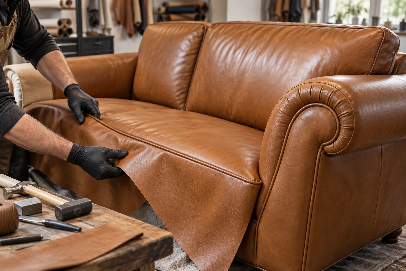 Technician carrying out contract furniture repair NYC on a tan leather sofa