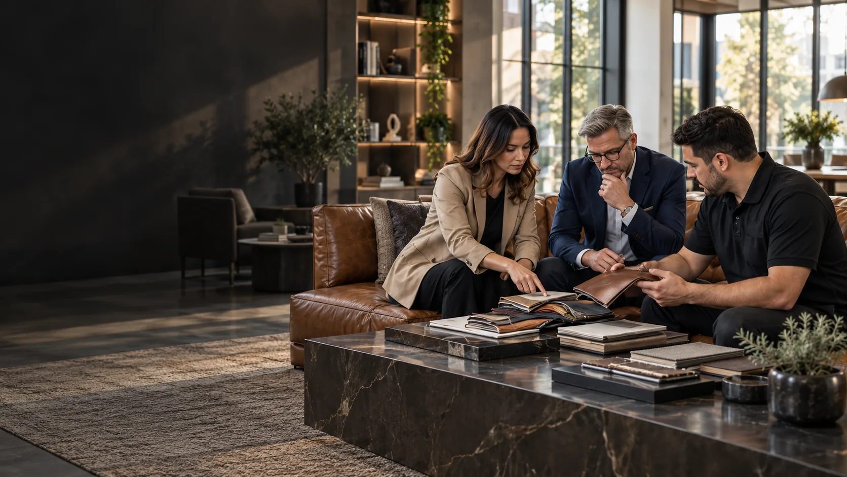 Interior designer, client and Leather Restore PRO technician reviewing leather samples on a lounge sofa