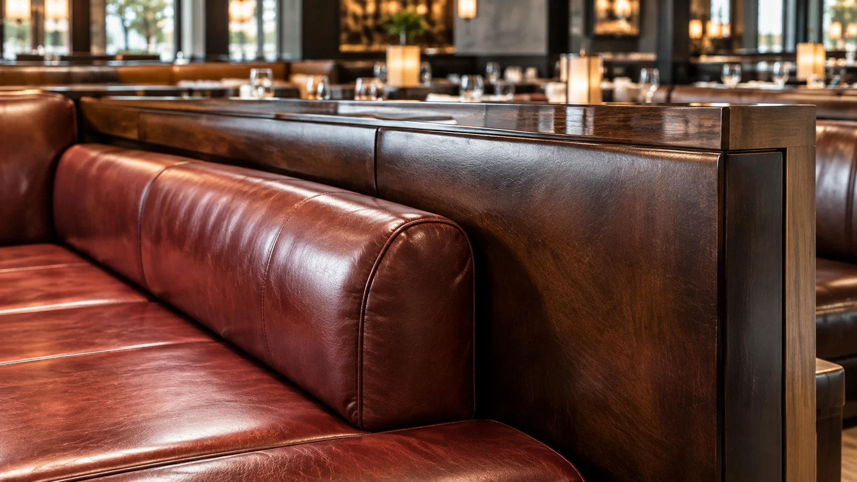Brown leather restaurant booths and banquette seating