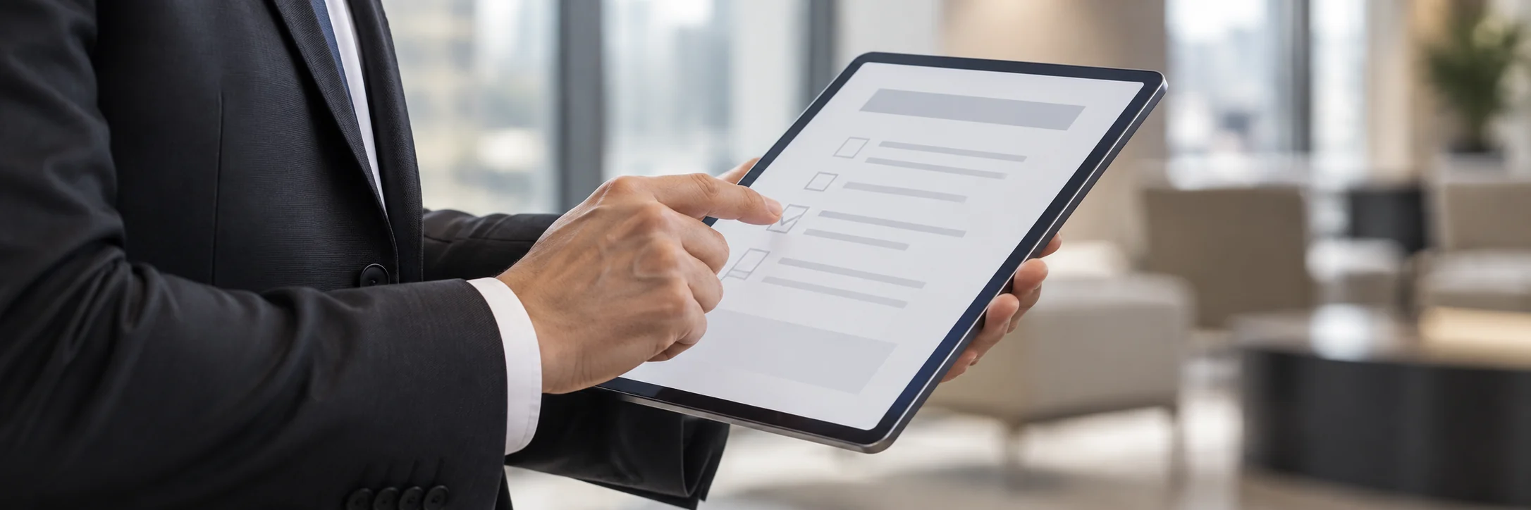 A manager in a suit approving a document on a tablet, the paperwork stage before work can start