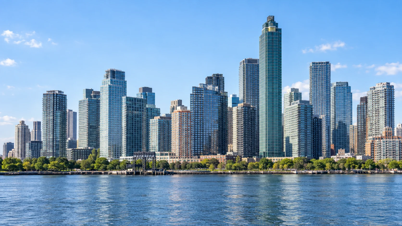 Queens towers along the waterfront