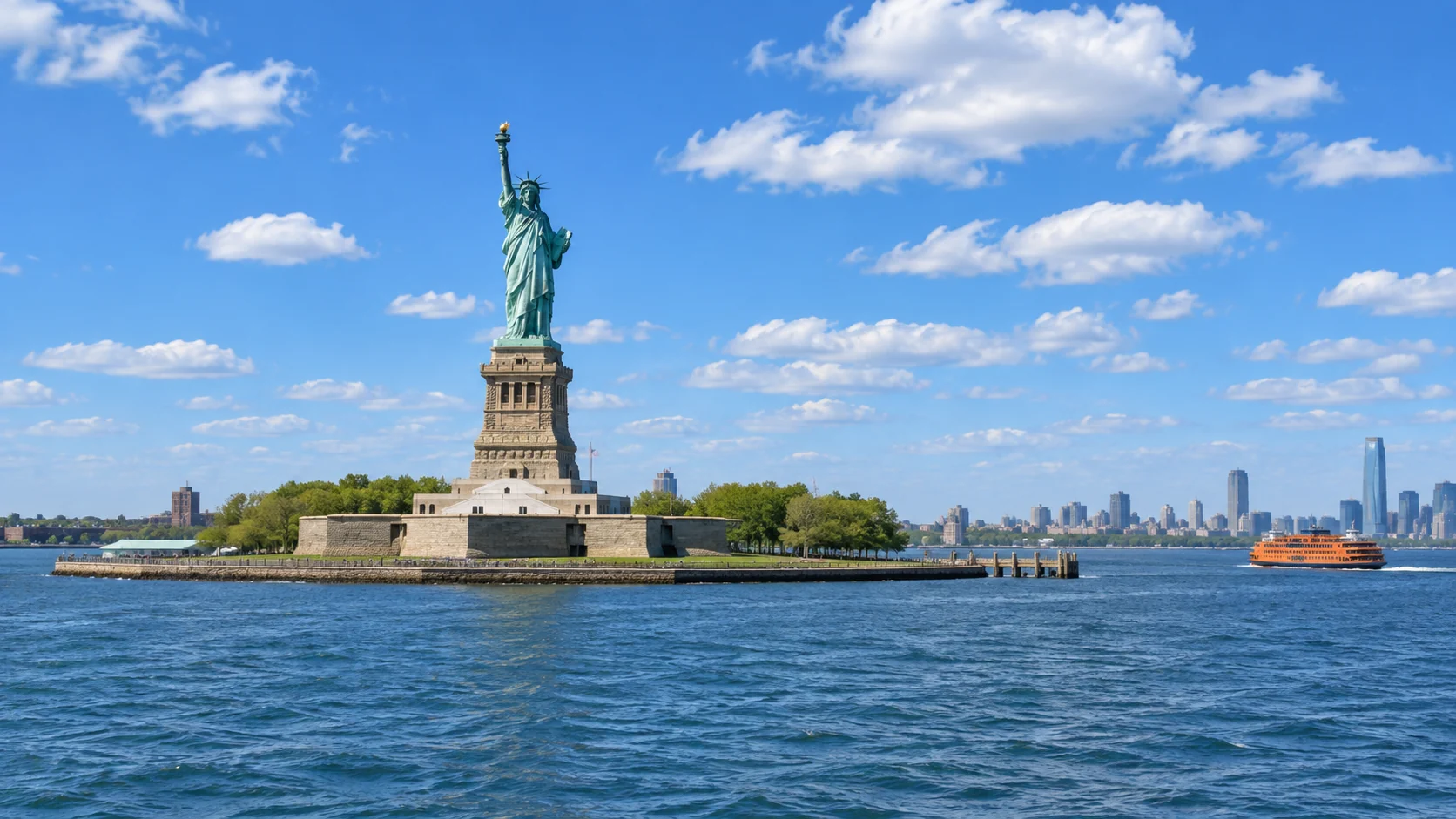 Statue of Liberty with the ferry passing