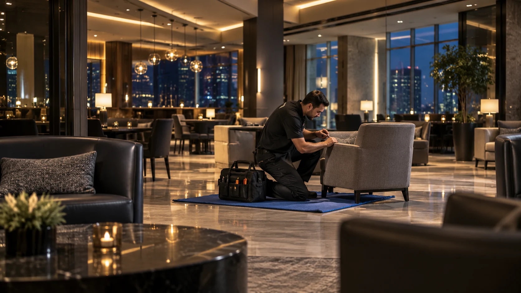 A Leather Restore Pro technician working on lounge seating in a hotel lobby after hours, one stage of the commercial furniture repair process