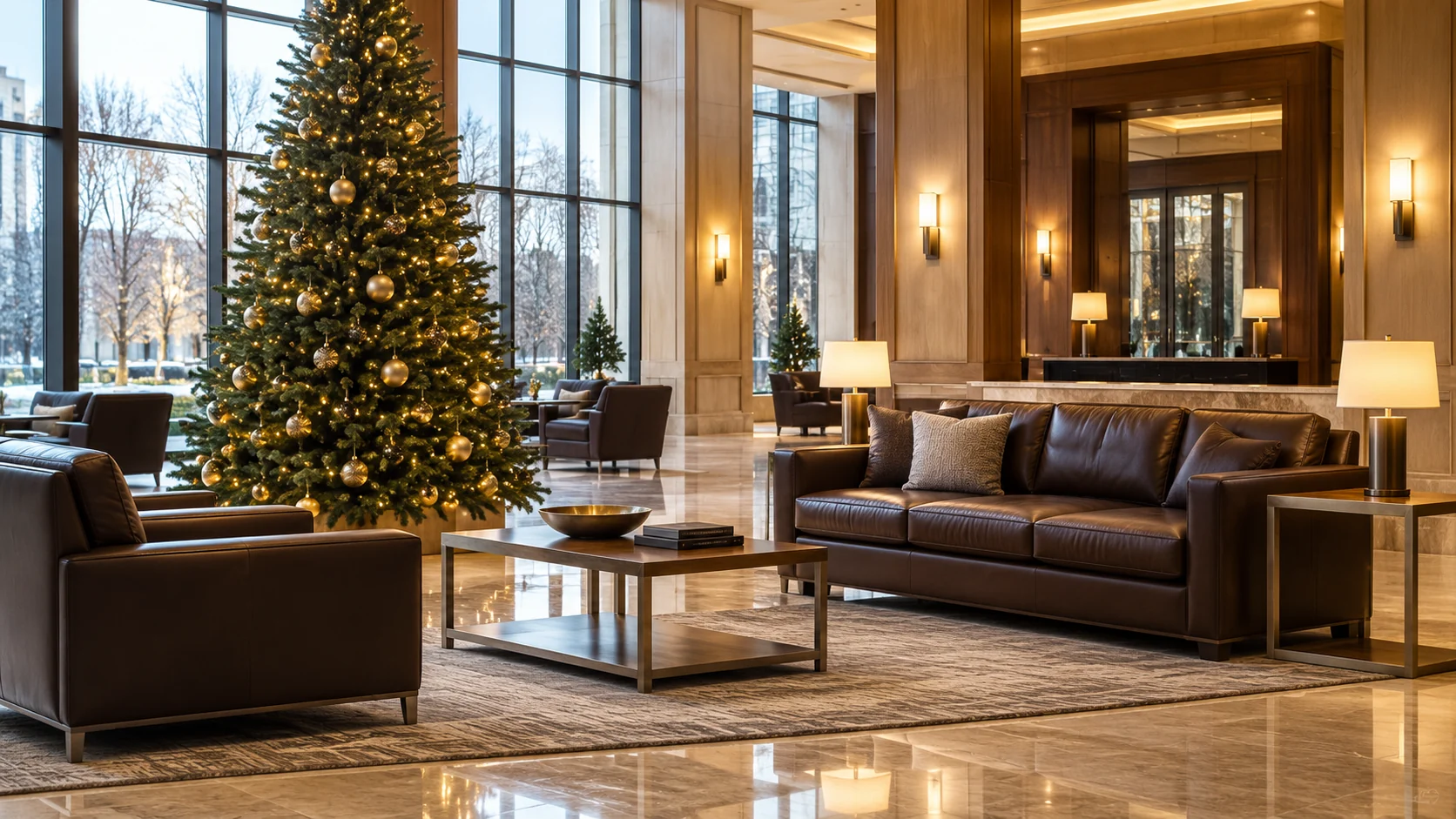 Hotel lobby with a decorated tree before the holiday season