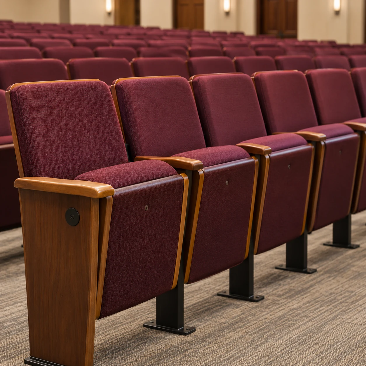 Maroon corporate auditorium seats with a wood end panel and number plate