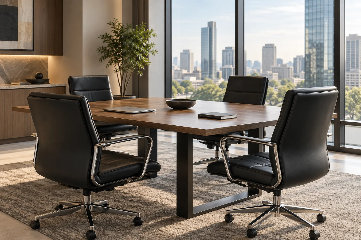 Conference room chairs around a boardroom table in a corporate office