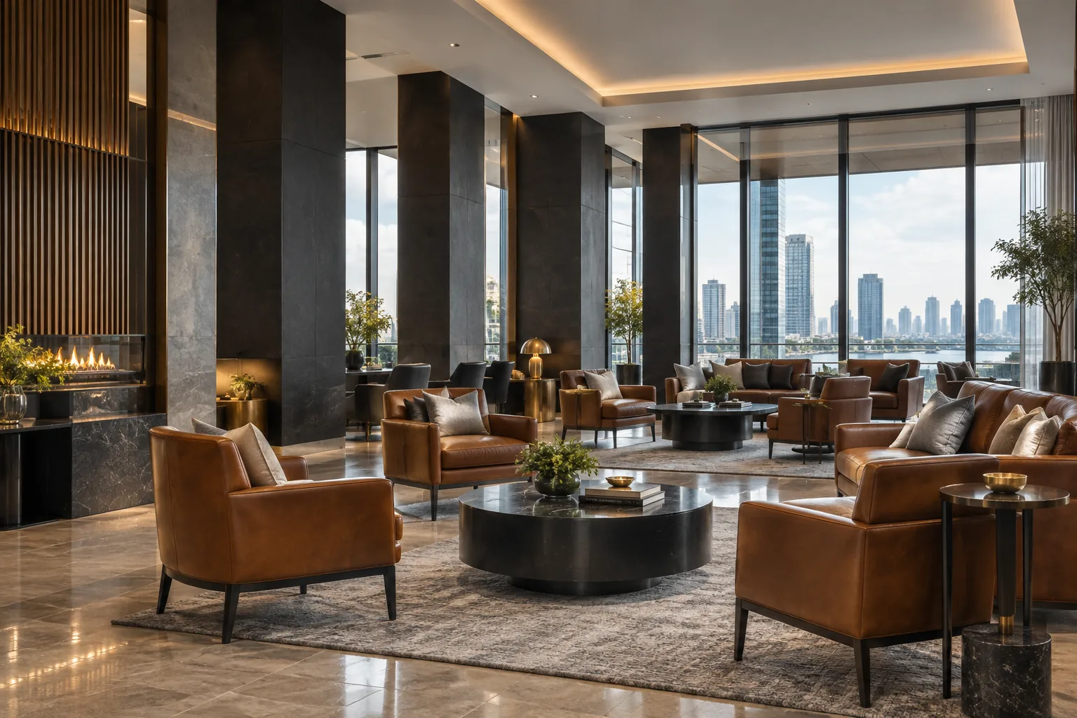 Corporate lobby lounge with tan leather armchairs and a city outlook