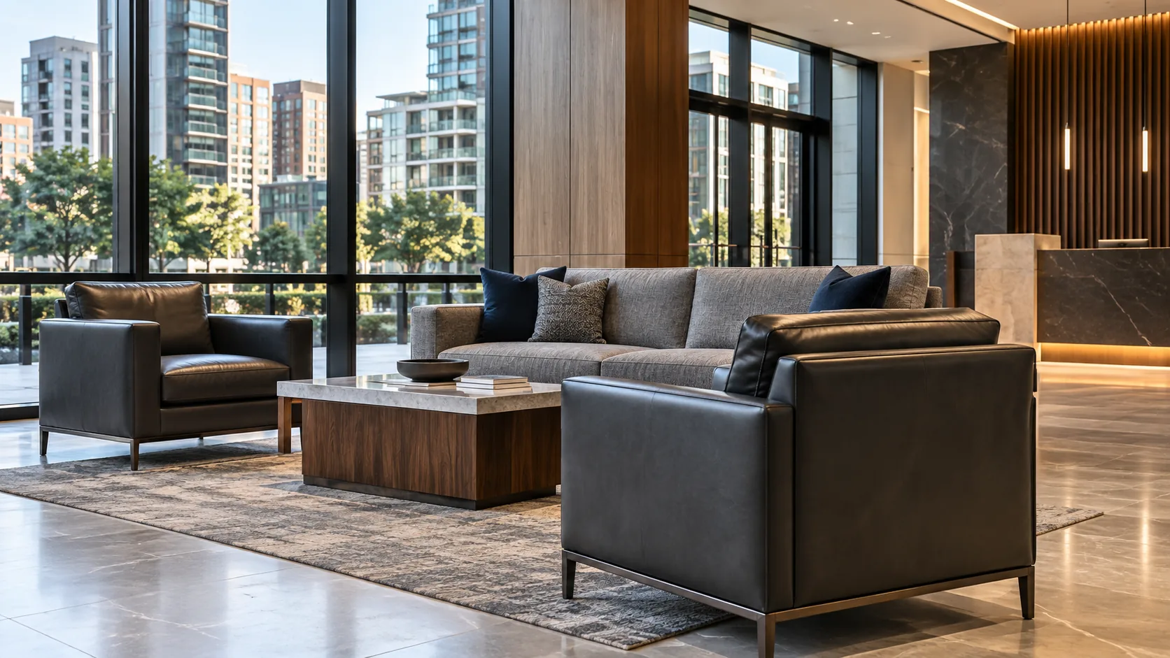 Gray sofas in a corporate lounge area