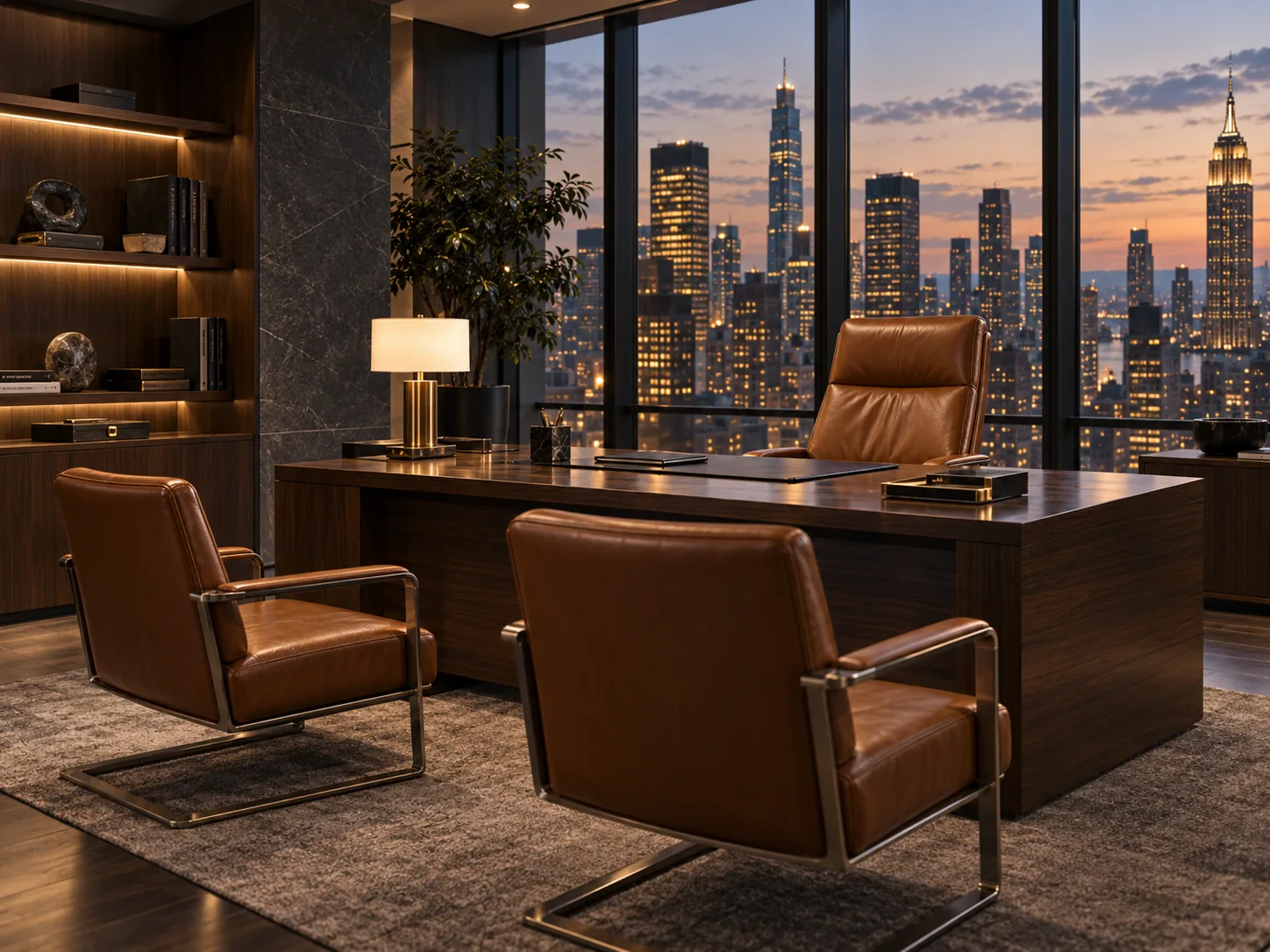 A corporate private office with cognac leather guest chairs facing a walnut desk