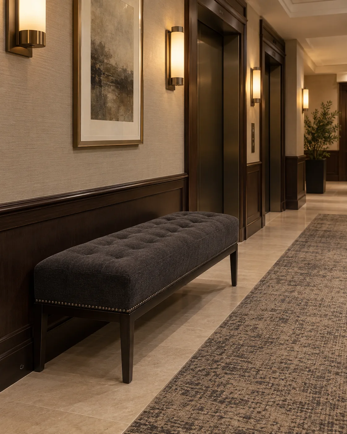 Tufted bench in a building corridor