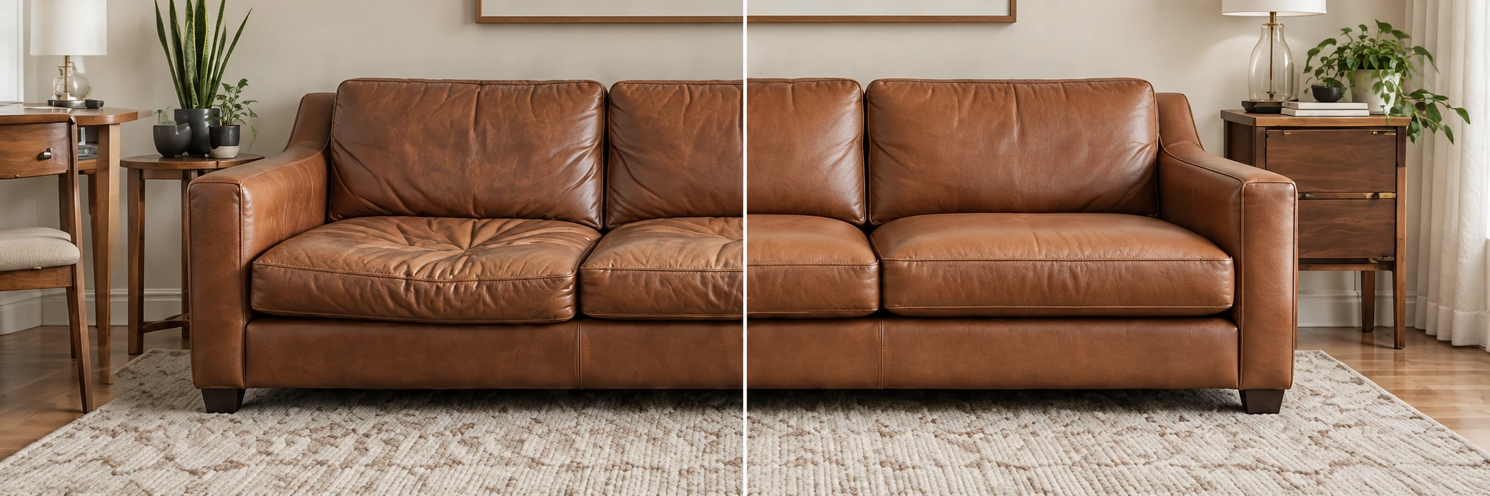 Tan sofa cushions before and after new cores