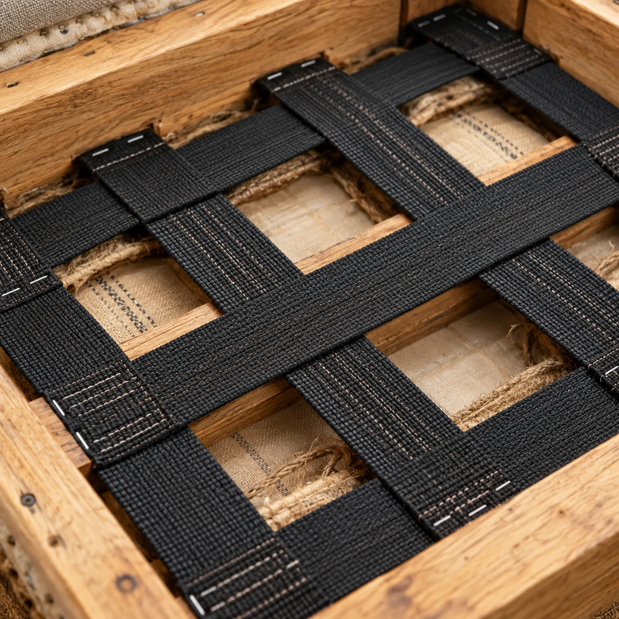 Black webbing rewoven across a couch seat frame