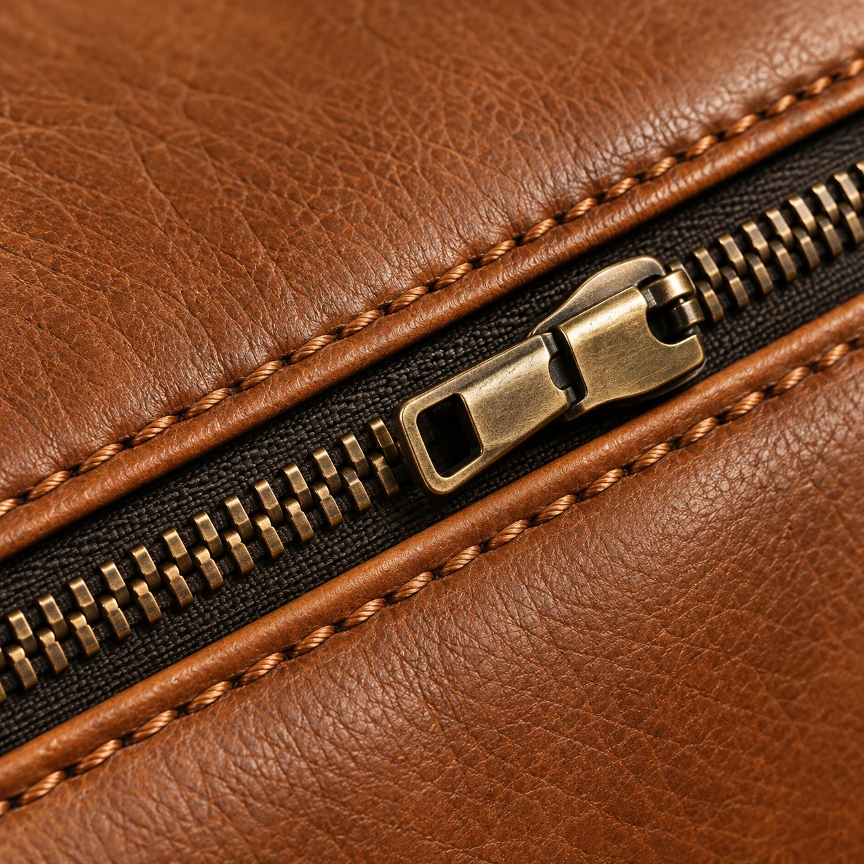 Brass zip on a brown leather cushion