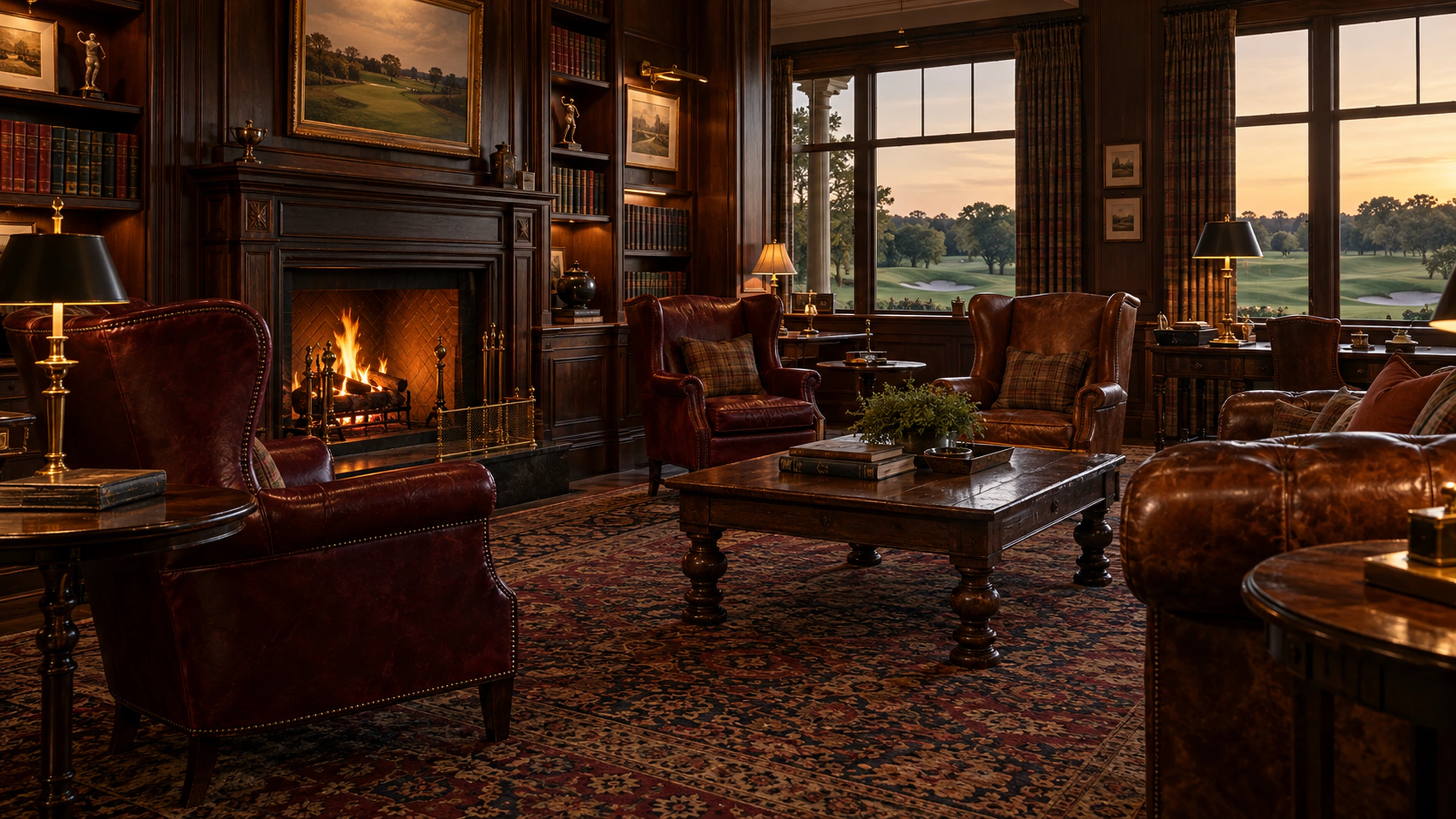 Country club furniture repair — worn leather wingbacks and a sofa in a clubhouse reading room