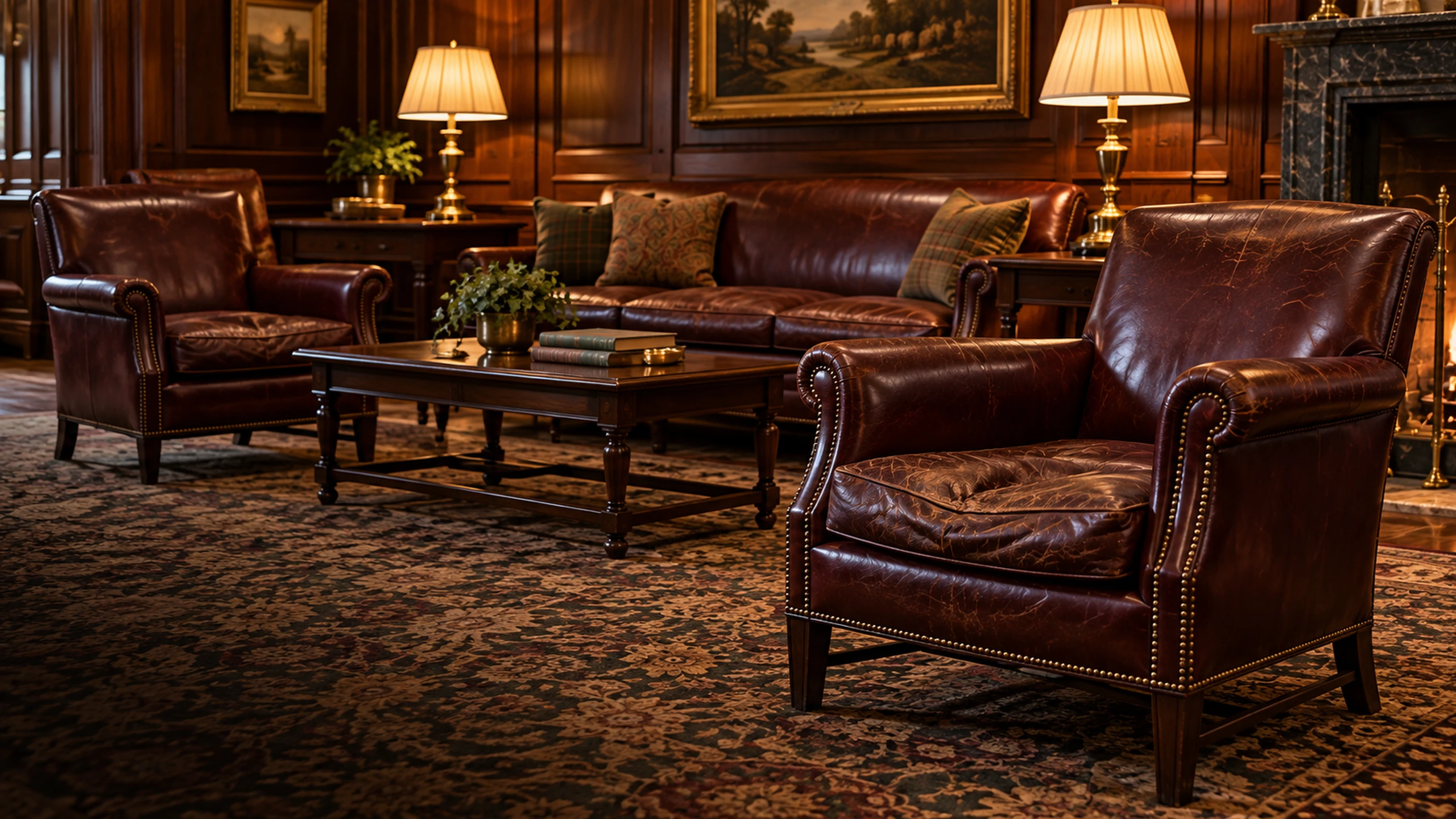 Country club furniture reupholstery — a clubhouse lounge of leather chairs and a settee under lamplight