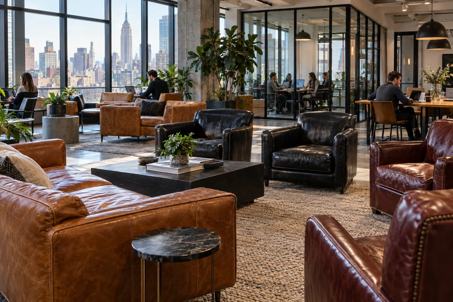A coworking lounge with leather sofas and armchairs