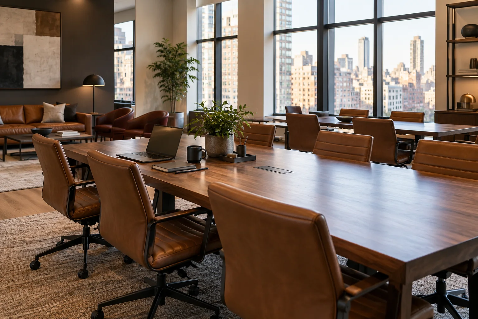 Leather chairs in a residents' coworking room