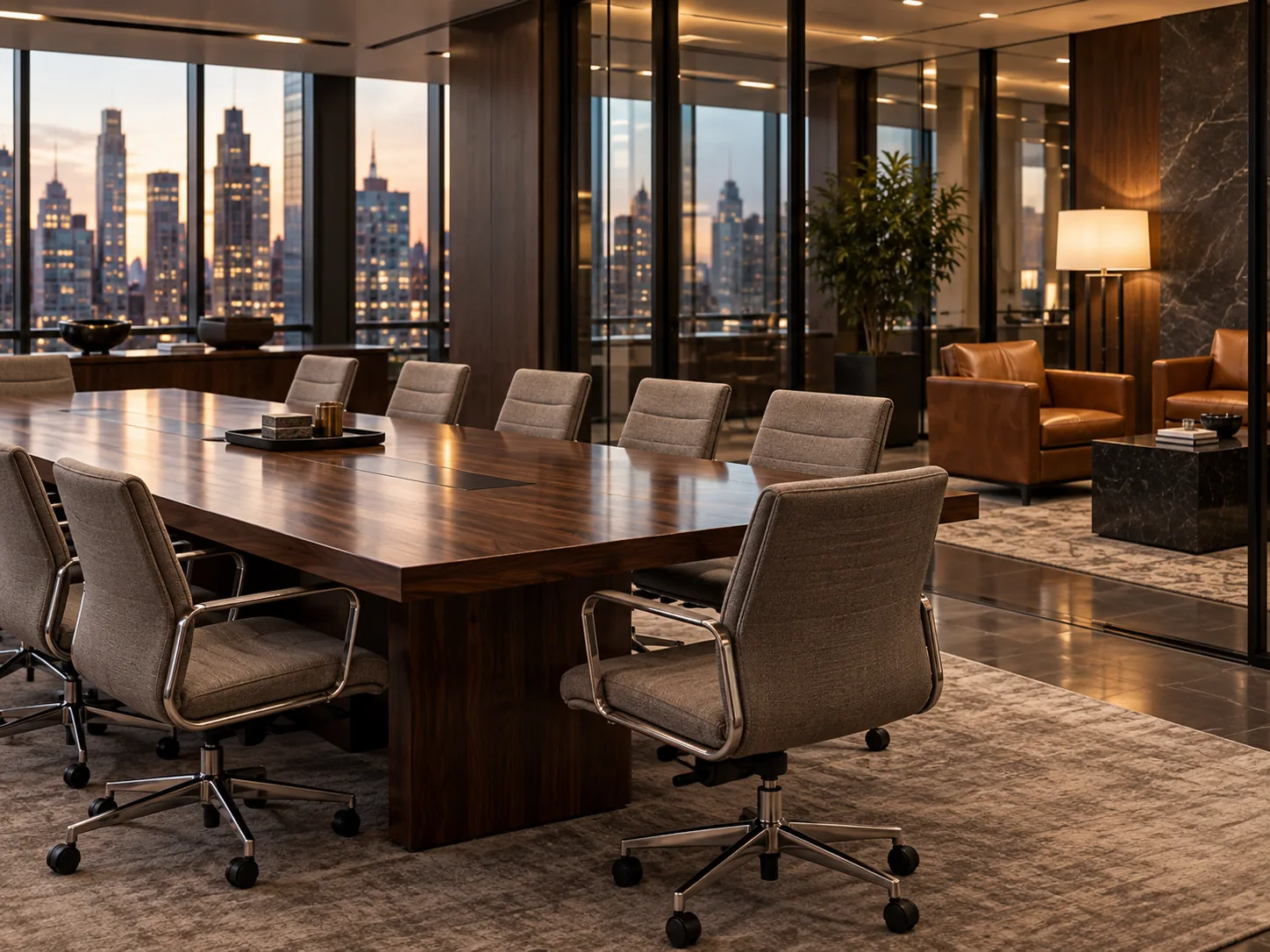 A coworking meeting room with gray upholstered chairs and a lounge corner