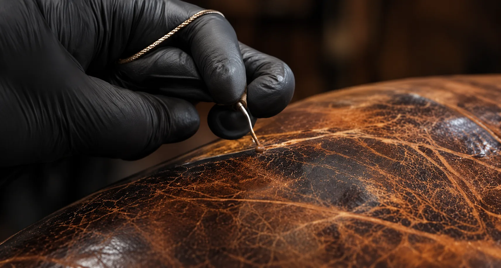 Gloved hand repairing a crack in antique leather with a fine tool