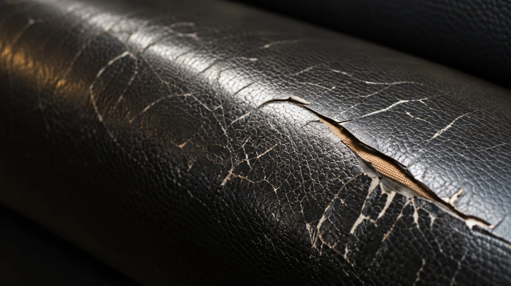 Cracked and torn leather along a booth roll edge