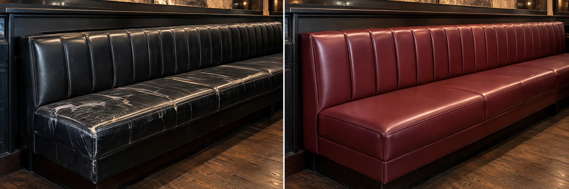 Cracked black banquette run recovered in red leather