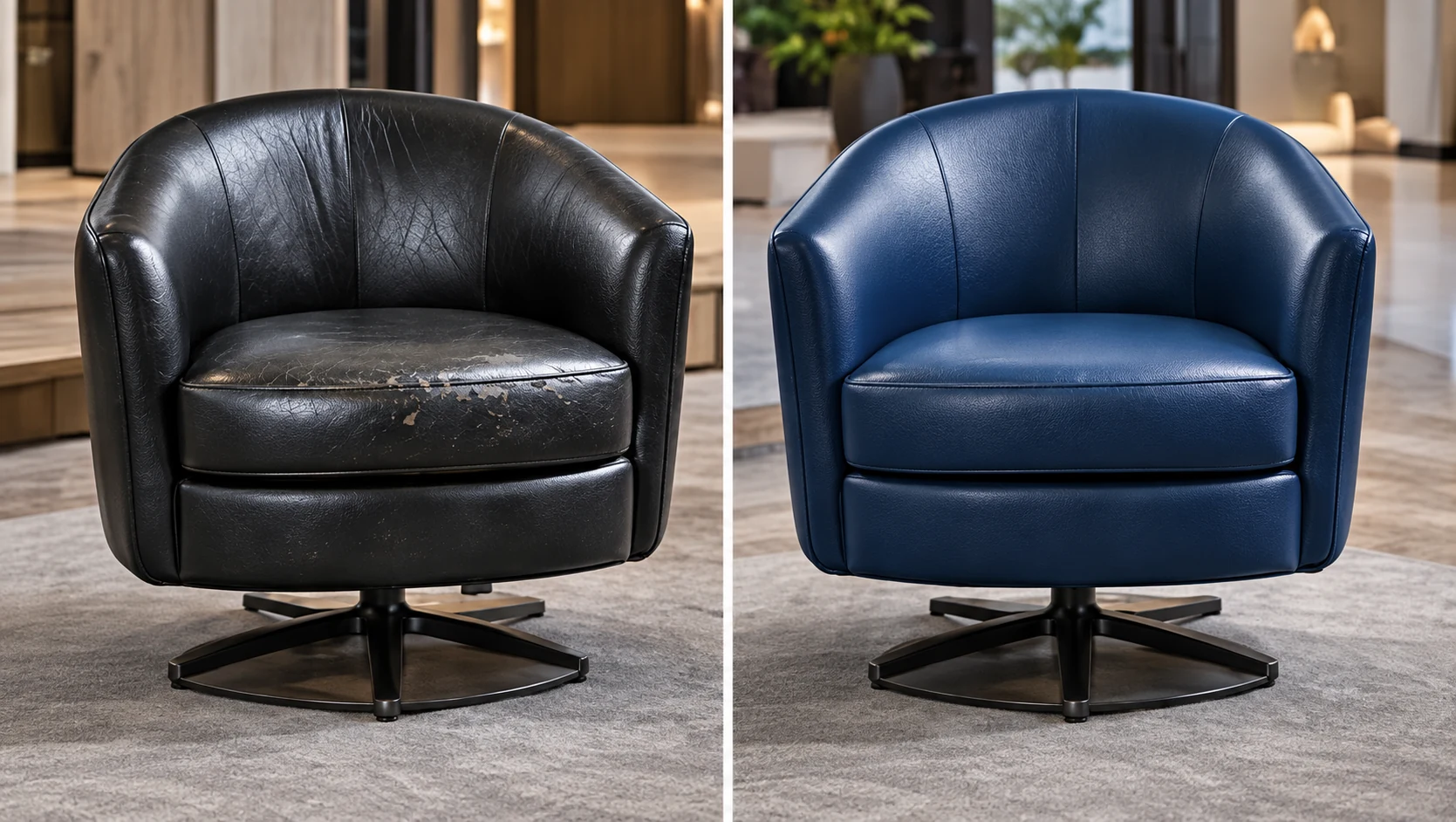 A black leather swivel chair with a cracked seat and back beside an undamaged navy leather swivel chair of the same model