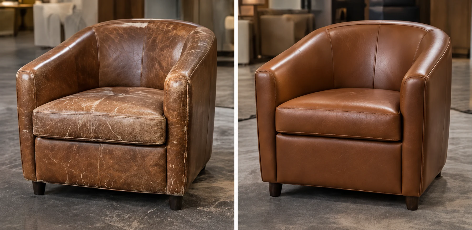 Cracked tub chair next to a restored one