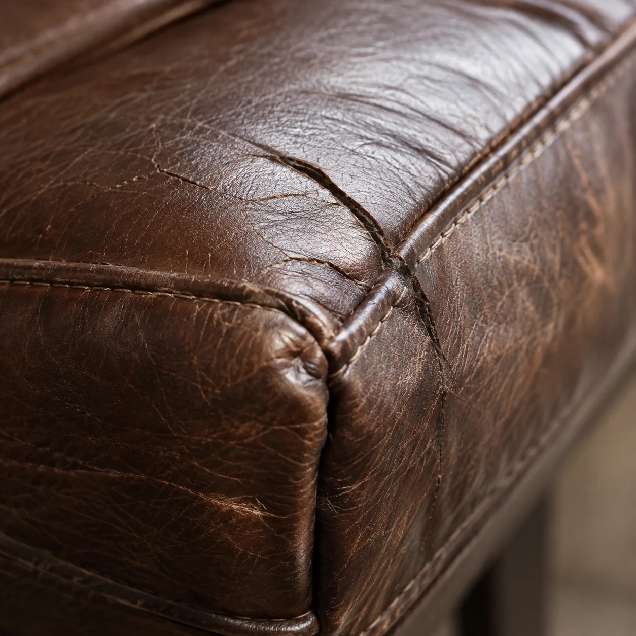 Dry, deeply creased chestnut leather on a chair corner