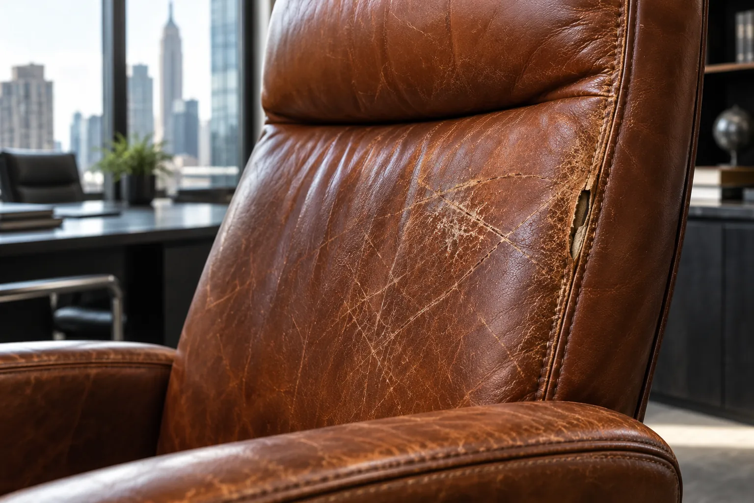 Cracked cognac leather chair back