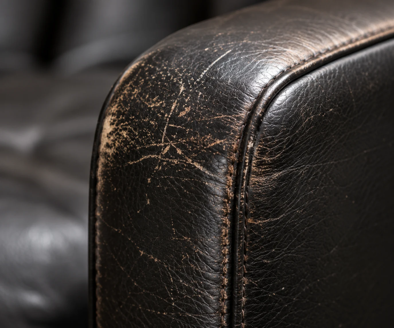 Cracks along a black leather arm edge