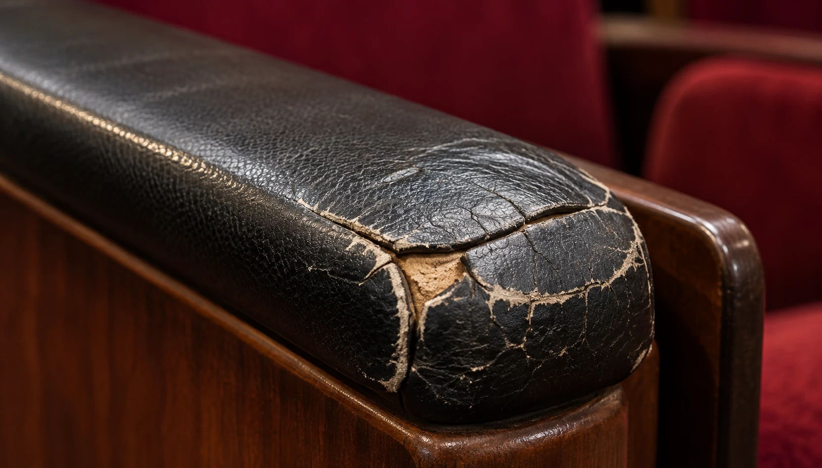 Cracked black leather arm cap on a wooden theater seat armrest